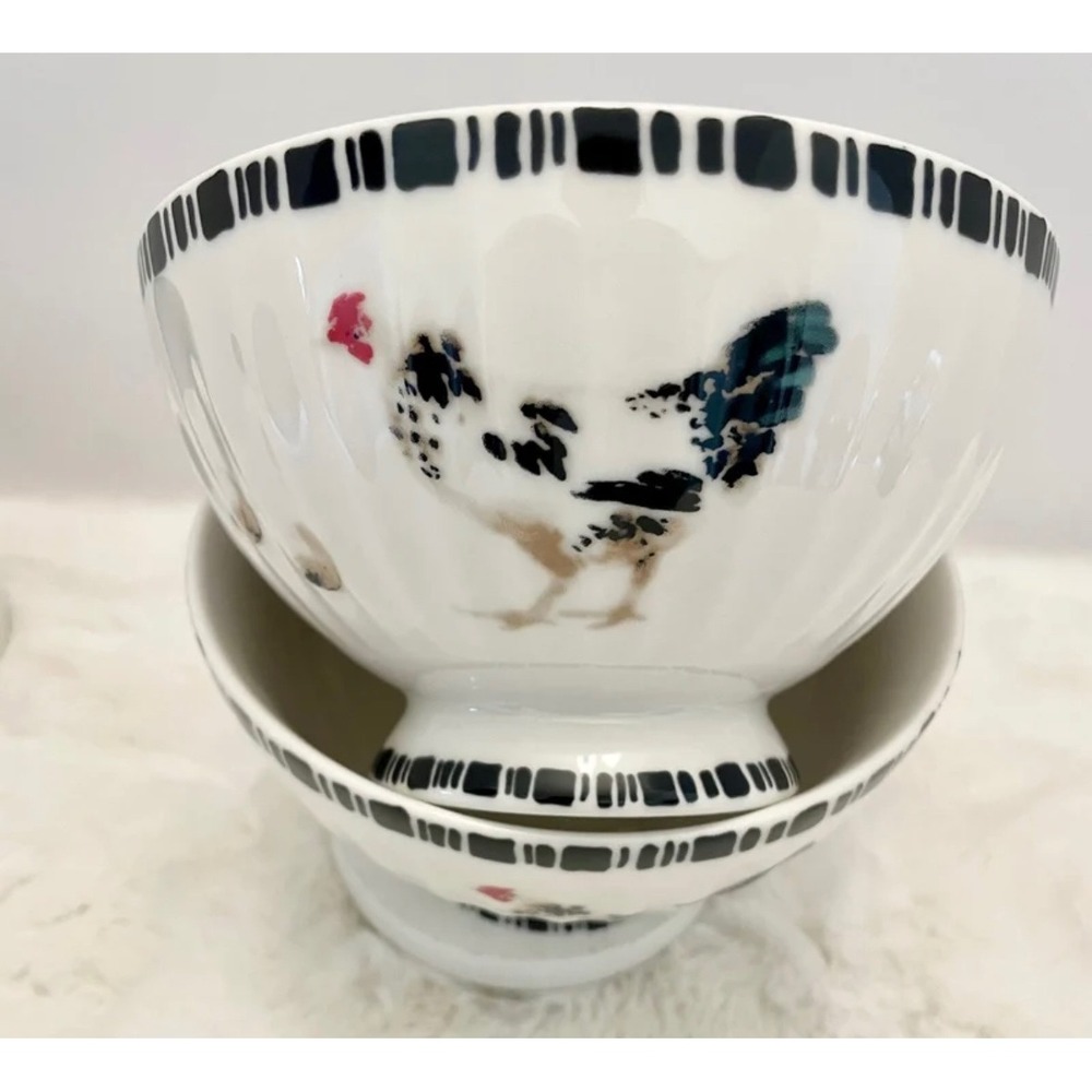 Potters Studio Ceramic Footed Bowl Rooster Chicken‎ Black White Stripe Rim